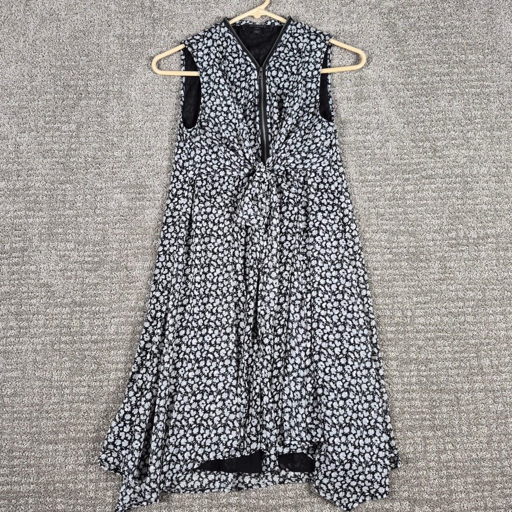 AllSaints Jayda Scatter Dress Womens S Black White Floral Zip Tie Front Mini